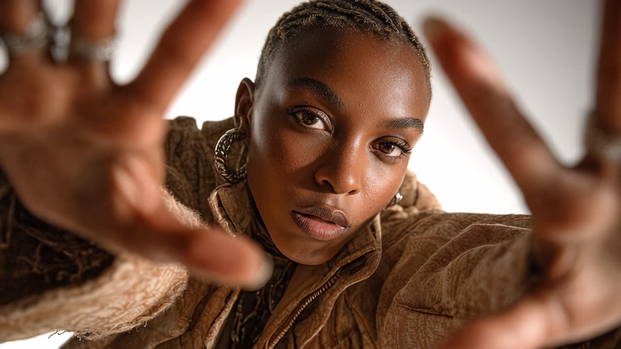 Fashion model reaching towards camera in slow motion montage