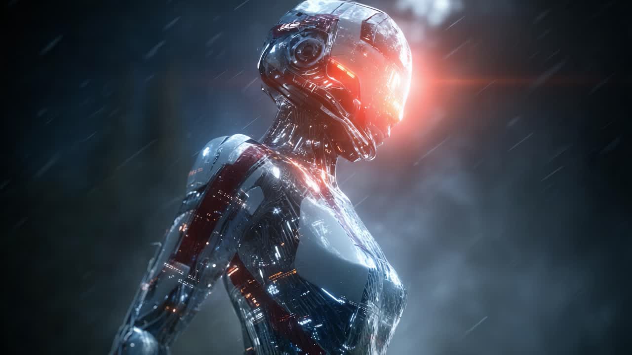 Ciborg cautivador en un entorno futurista: Una impresionante exhibición de robótica avanzada y tecnología de vanguardia iluminada bajo una atmósfera lluviosa.