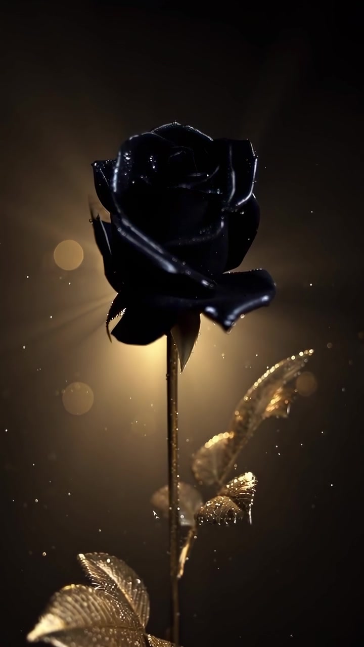 Elegante Rosa Nera con Foglie Dorate e Particelle Scintillanti