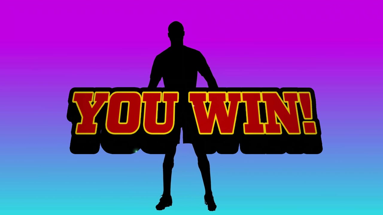 Caricamento di ciano con effetto glitch dietro una silhouette, con il testo "YOU WIN" che sfarfalla e si risolve in una scintillante vittoria di gioco.