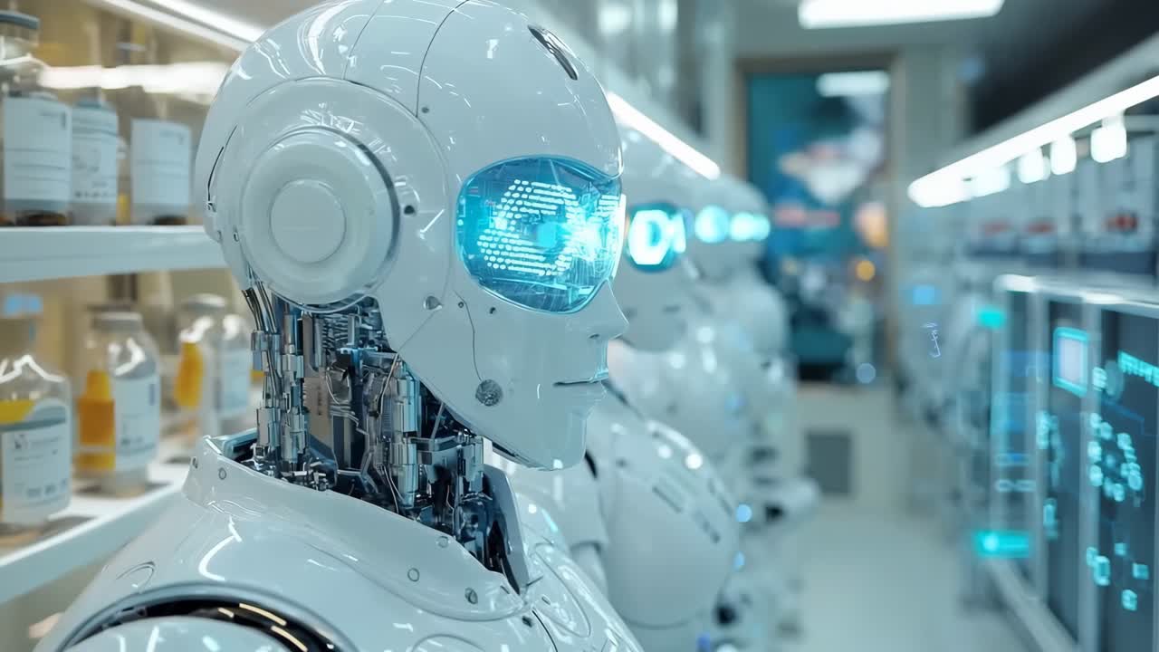 una fila de robots blancos de pie uno al lado del otro en una tienda