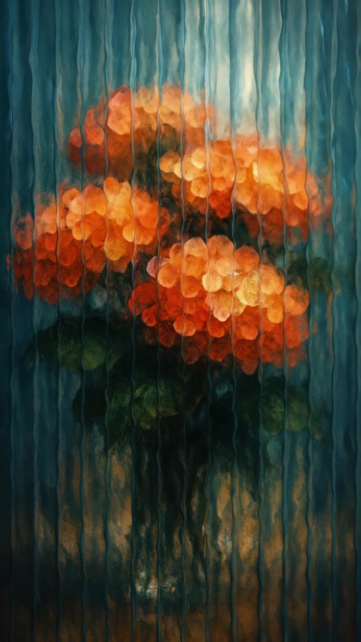 Fleurs d'hortensia orange vues à travers un verre nervuré texturé