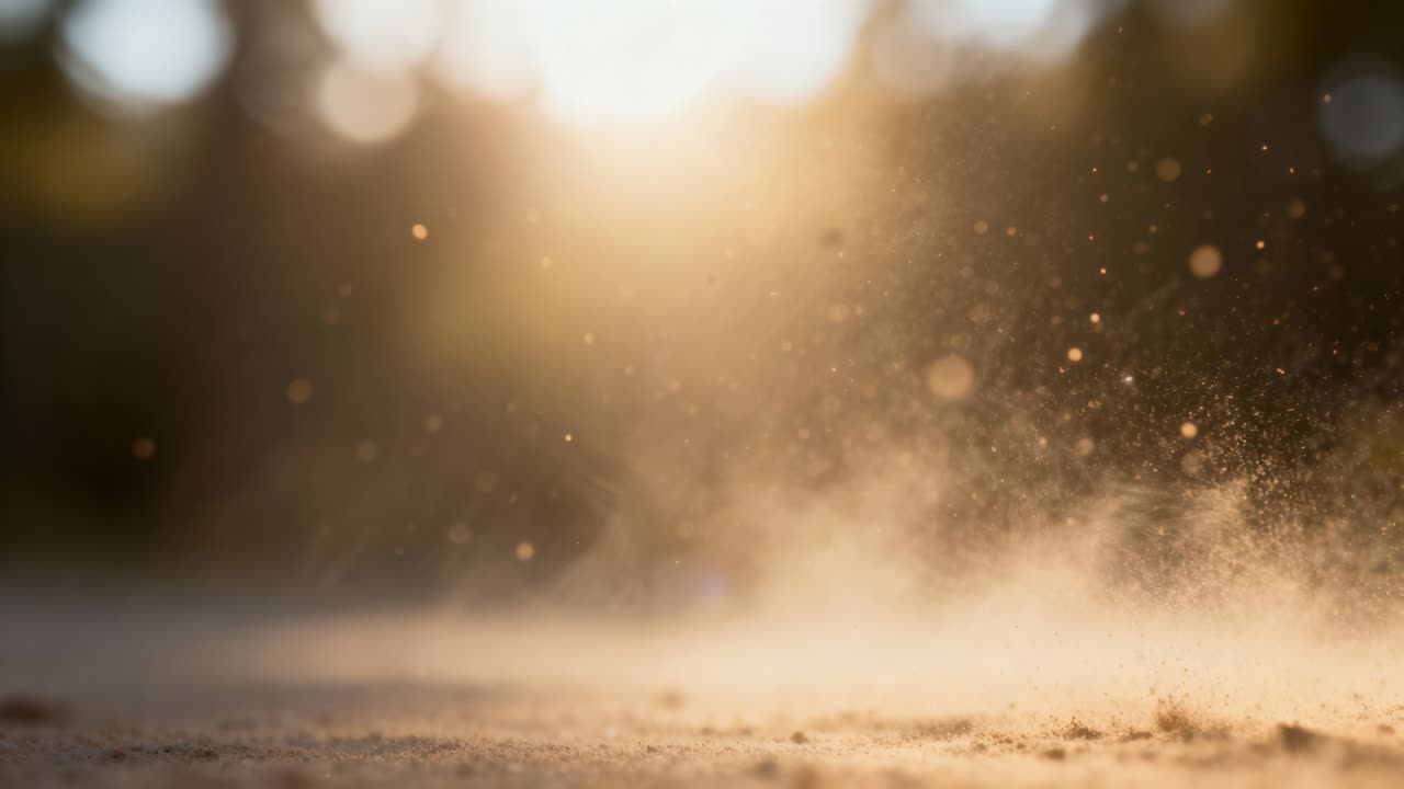Una leggera brezza che solleva pulviscolo facendolo fluttuare verso l'alto su un terreno sabbioso con un effetto bokeh in controluce.
