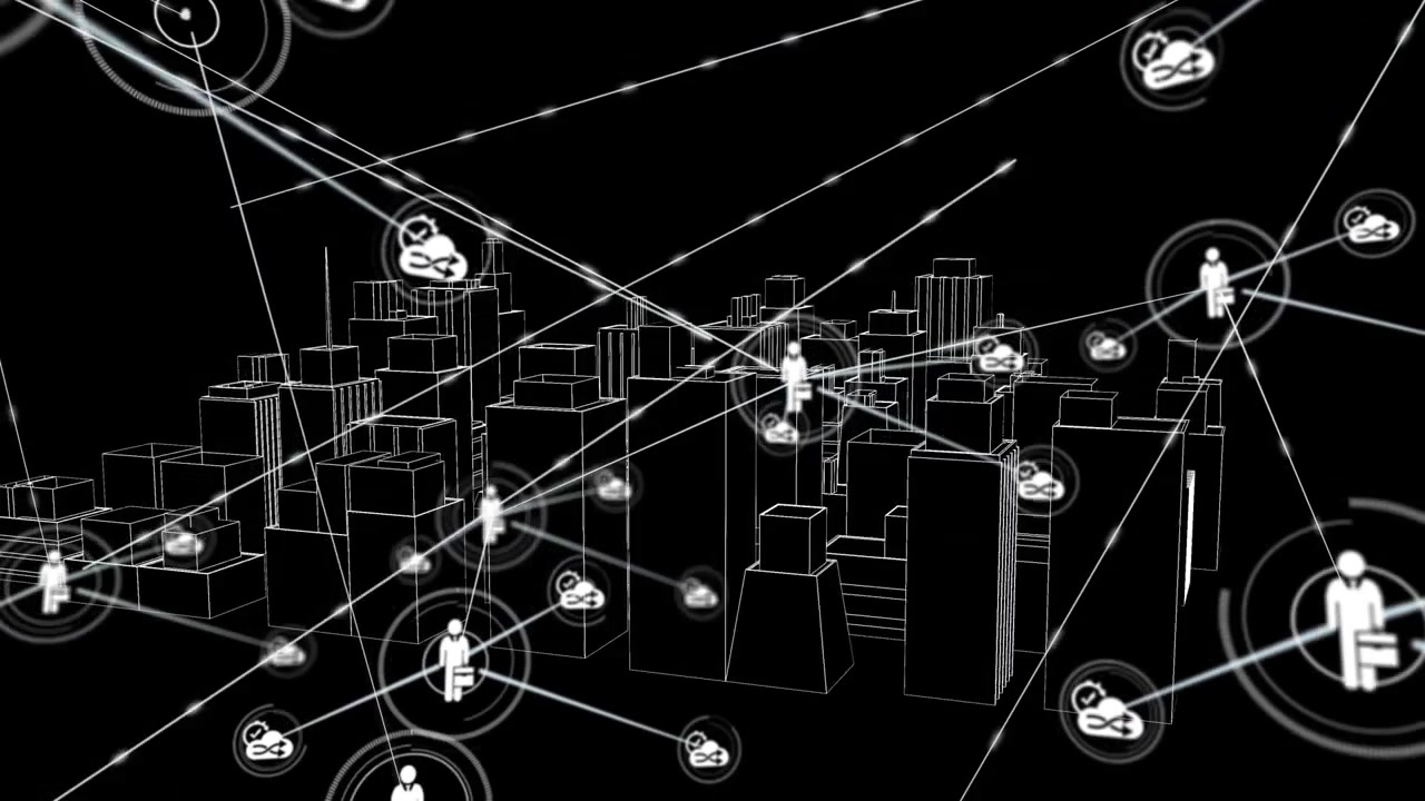 Center node rising above wireframe city, spawning tech web linking nodes and clouds to map services