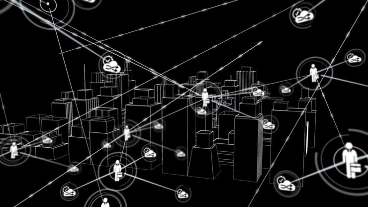 Center node rising above wireframe city, spawning tech web linking nodes and clouds to map services