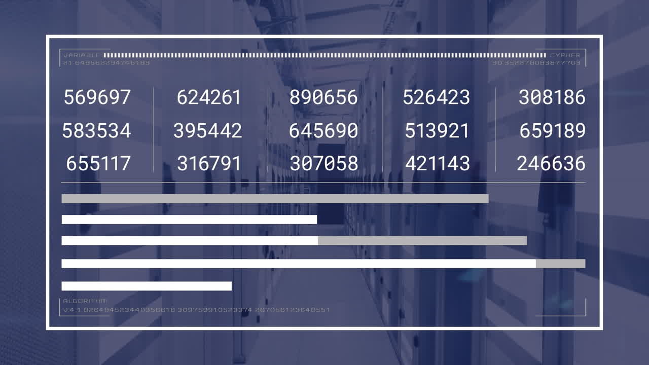 animación de la interfaz con procesamiento de datos y senderos de luz contra la sala de servidores de computadoras.