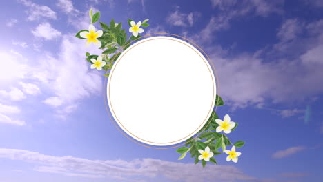 Animation-of-floral-design-circular-frame-with-copy-space-against-clouds-in-the-blue-sky