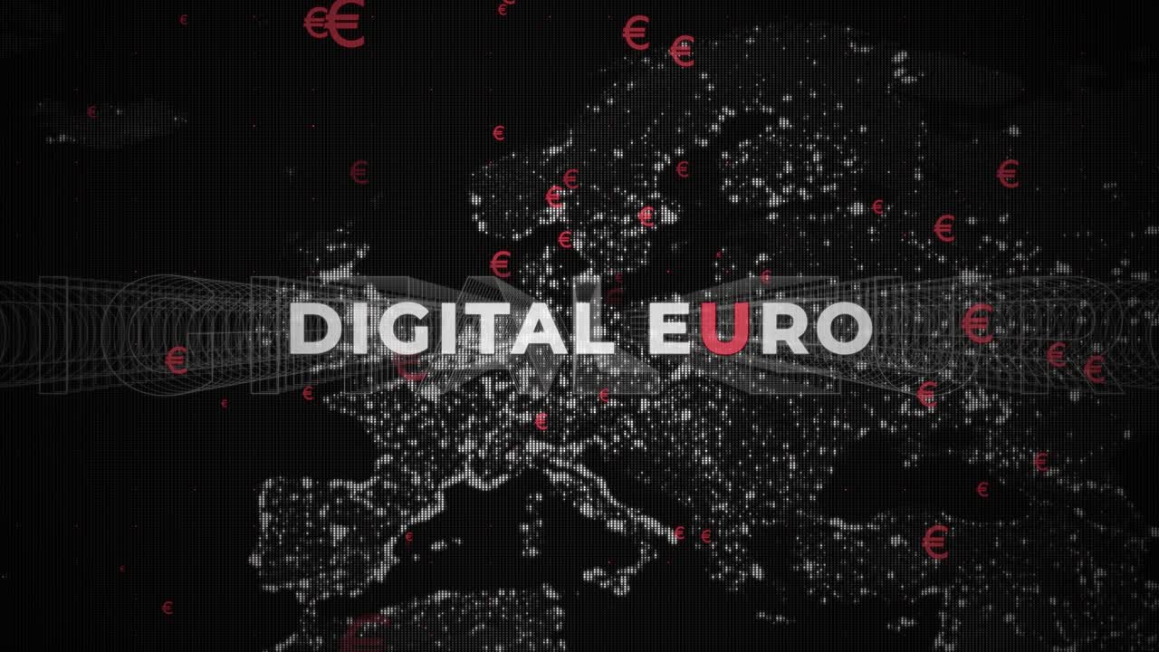 유럽 지도 배경에 있는 디지털 유로 텍스트 - 전자 화폐 개념