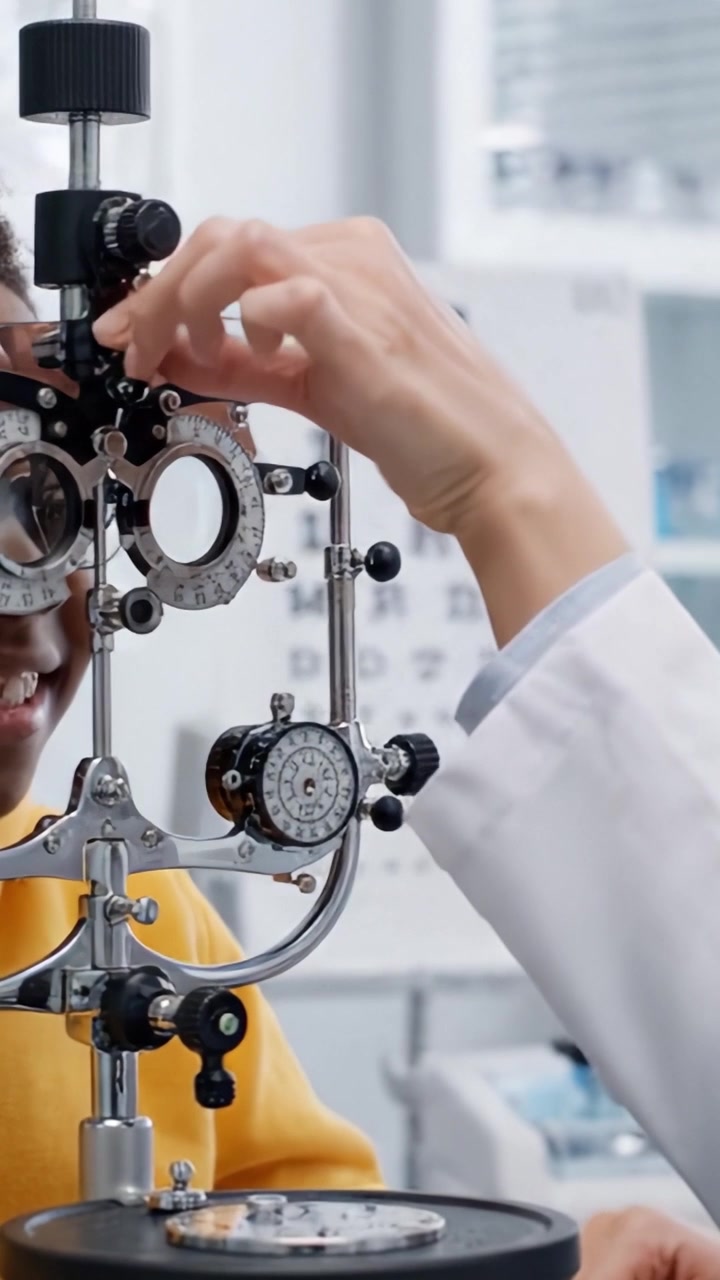 A Young Patient Engaged in an Eye Examination, Interacting with an Optometrist Using a Phoropter at a Vision Clinic for Accurate Eyewear Prescriptions