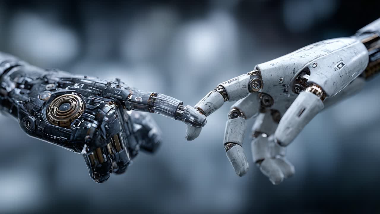 An Intriguing Encounter: The Touch of Two Distinct Mechanical Hands in a Futuristic Realm of Robotics and Automation