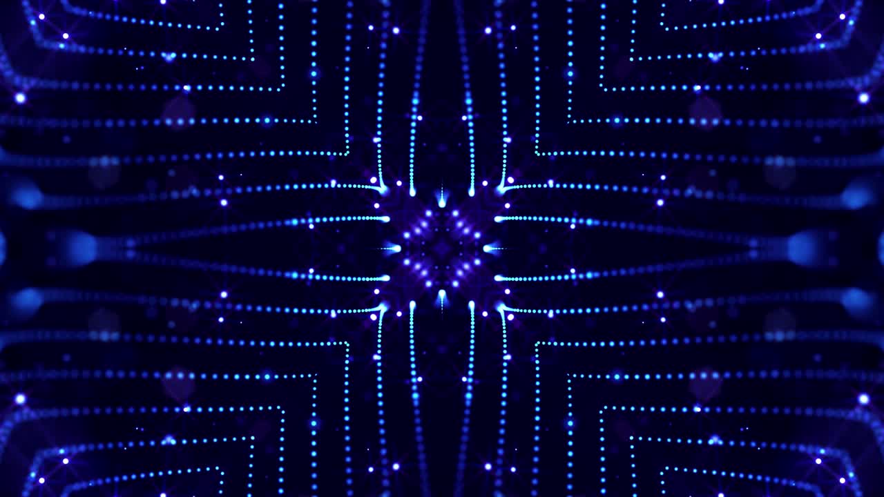Abstract theme of microworld or nanotechnology. 4k looped sci-fi 3d background with light effects. Glow blue particles form lines, surfaces, complex symmetrical structures like in kaleidoscope.