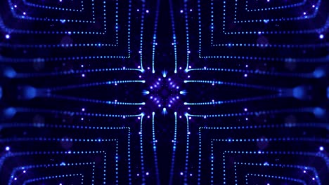tema abstracto de microworld o nanotecnología. 4k bucle de ciencia ficción 3d fondo con efectos de luz. partículas azul brillante forman líneas, superficies, estructuras simétricas complejas como en el caleidoscopio.