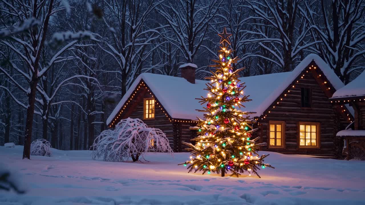 Decorated Christmas tree glowing with colorful lights, creating a magical atmosphere in front of a cozy wooden cabin nestled in a snowy forest