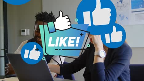 animation of like over diverse female and male coworkers using laptop