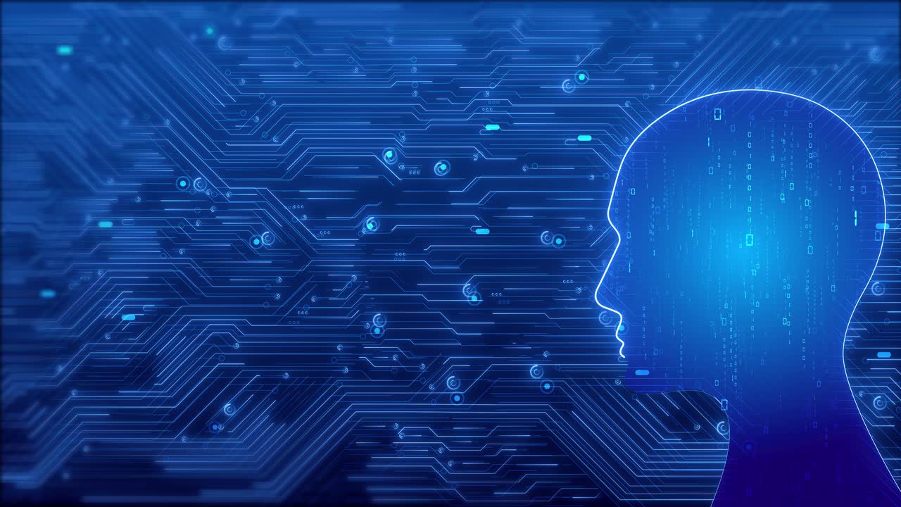 Ai artificial intelligence human head connection circuit board binary code background machine