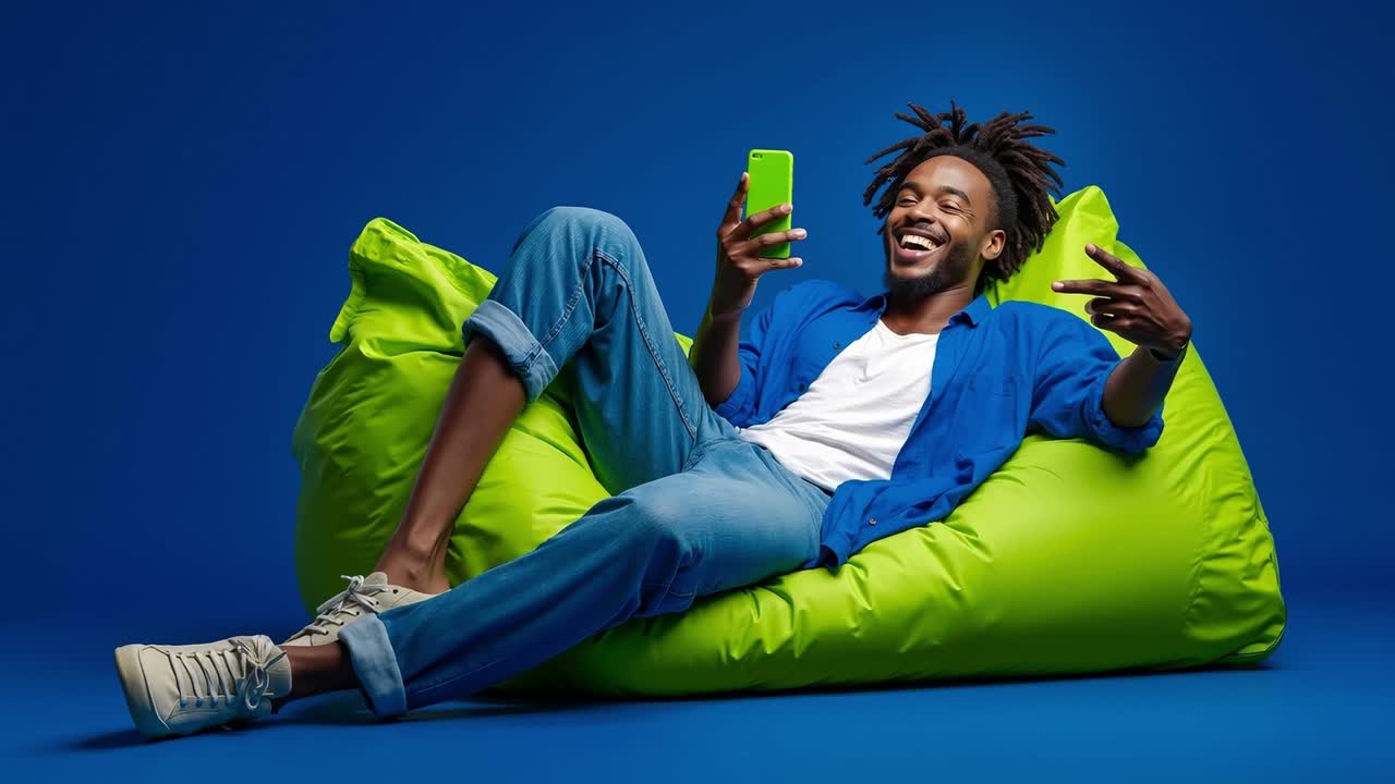 A man sitting on a bean bag chair holding a cell phone