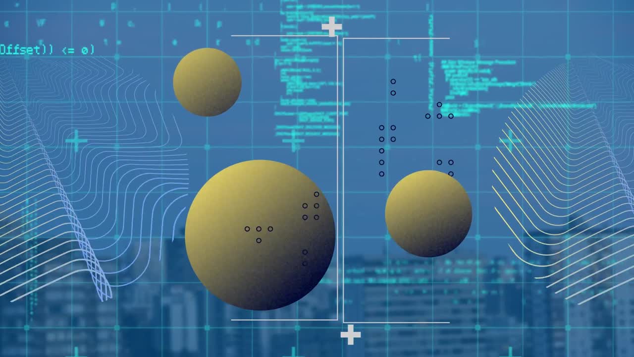 Animation of spots and data processing over cityscape