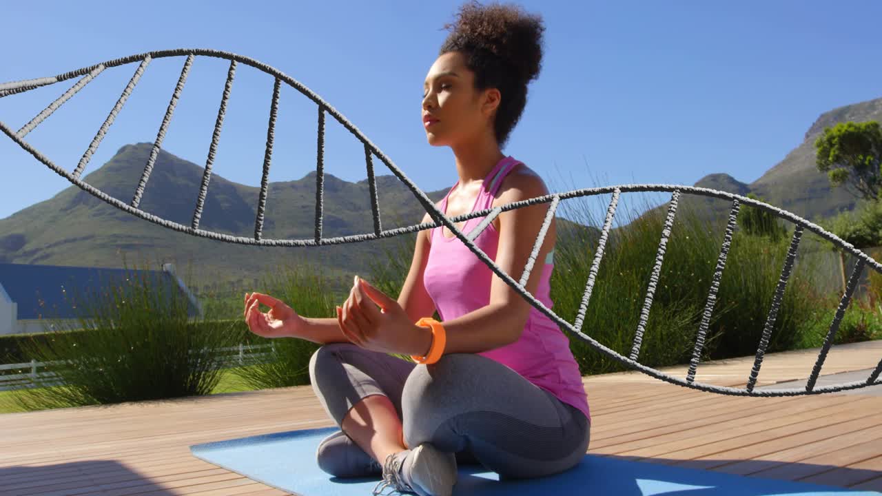 Woman holding mudra on blue yoga mat, DNA helix drifting across torso, linking meditation to health