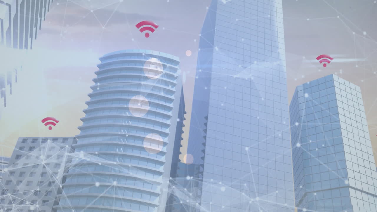 Digital network and Wi-Fi symbols overlaying modern city skyscrapers in animation
