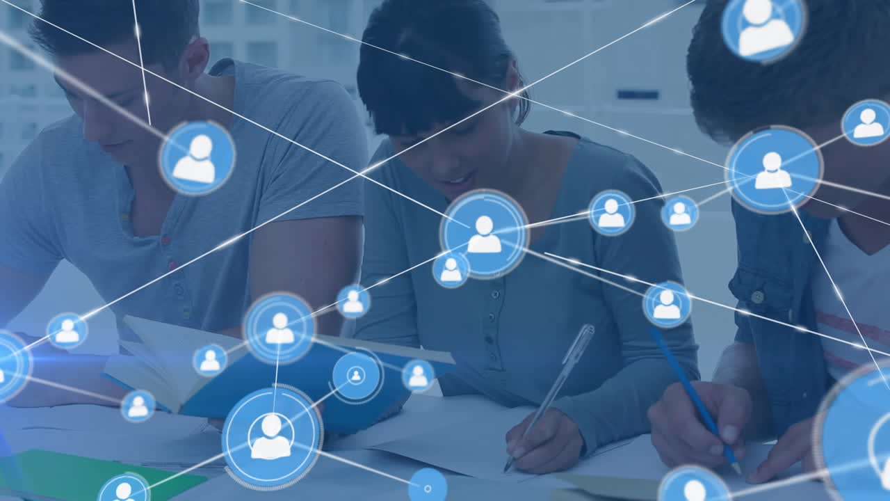 다양한 학생들에 대한 아이콘과의 연결 네트워크의 애니메이션