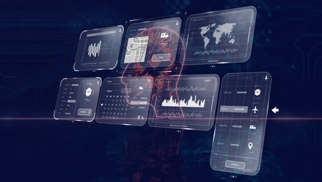 animation of digital interface with data charts and world map in background