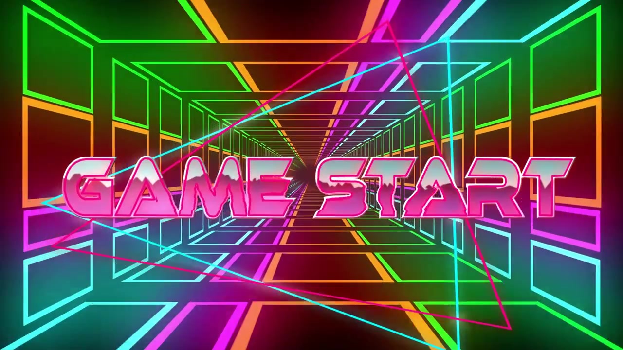 Appearing 3D pink GAME START text glowing and pulsing inside neon corridor with moving triangles