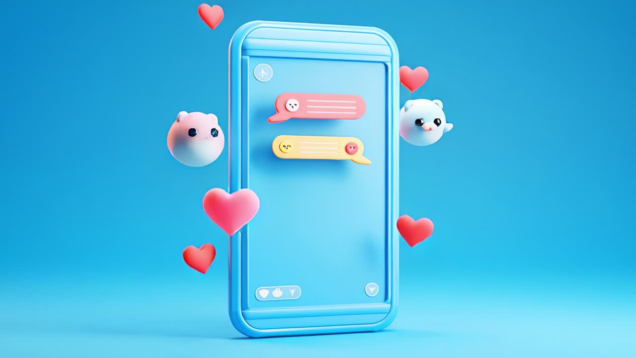 Playful Messaging Animation Featuring Cute Characters and Colorful Chat Bubbles in a Bright Blue Background, Perfectly Illustrating Modern Digital Communication with Hearts