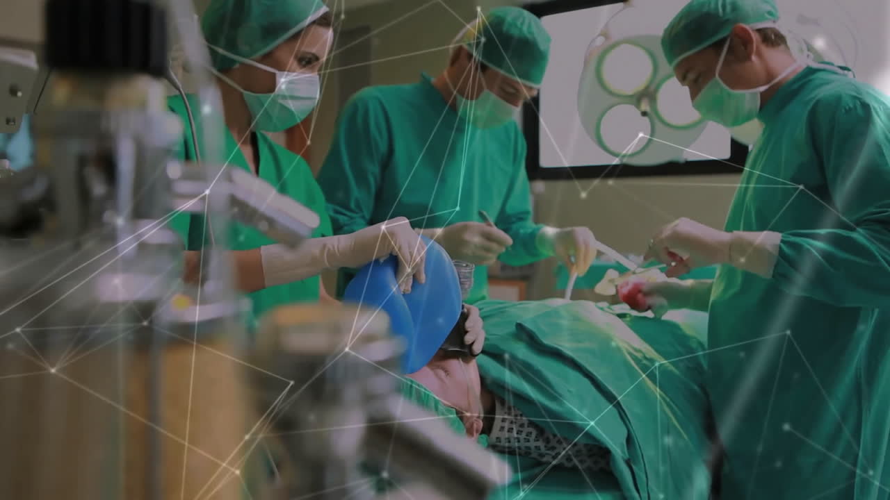 Equipo médico colaborando en animación, realizando cirugía con conexiones de red.