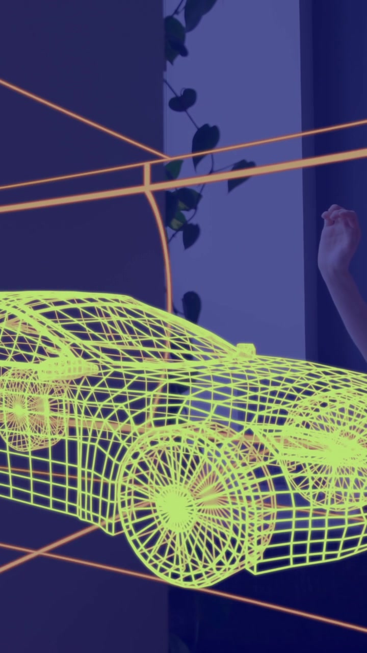 Animação de desenho técnico 3D de carro sobre mulher em casa usando óculos VR