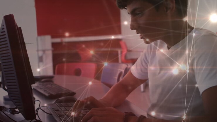 Animation of data processing over biracial male student using computer