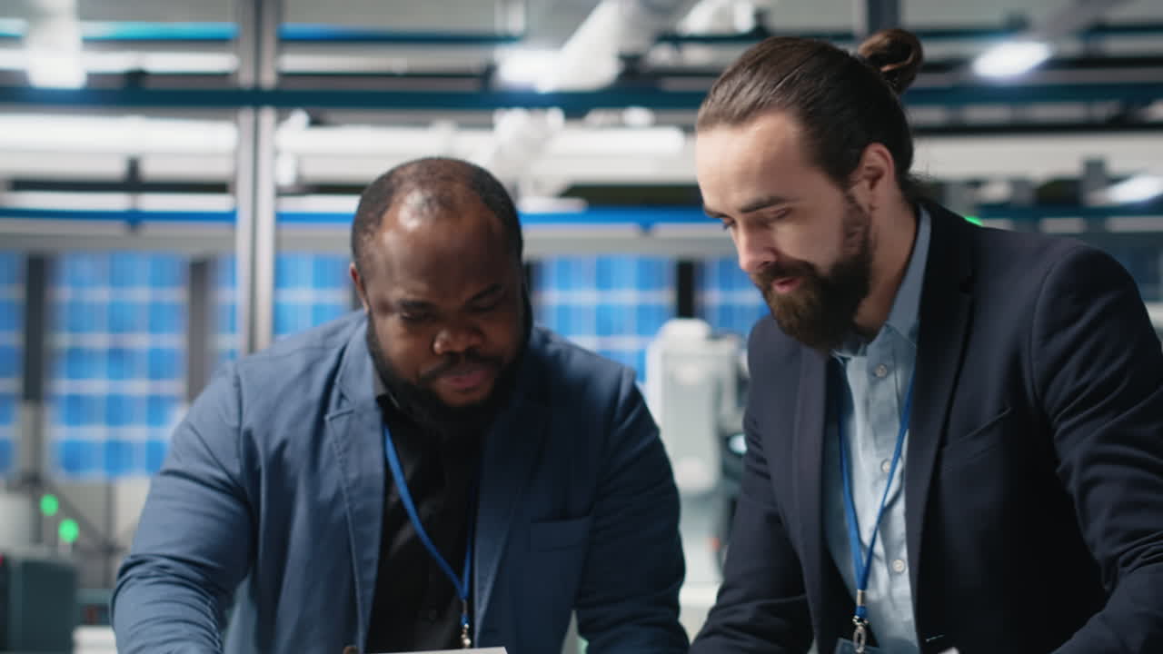 Businessmen collaborating in a data center