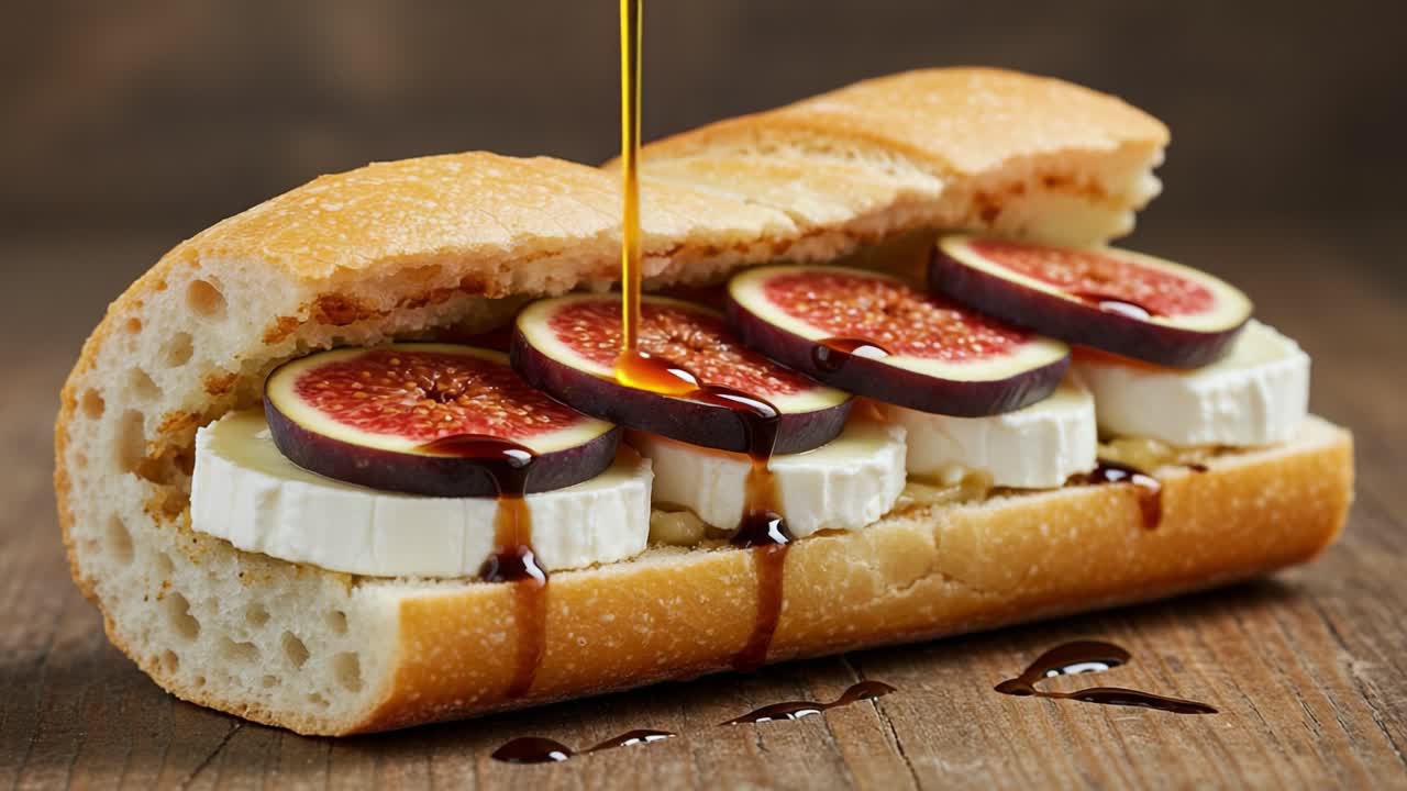 Sandwich gourmet di fichi e brie con un filo di miele
