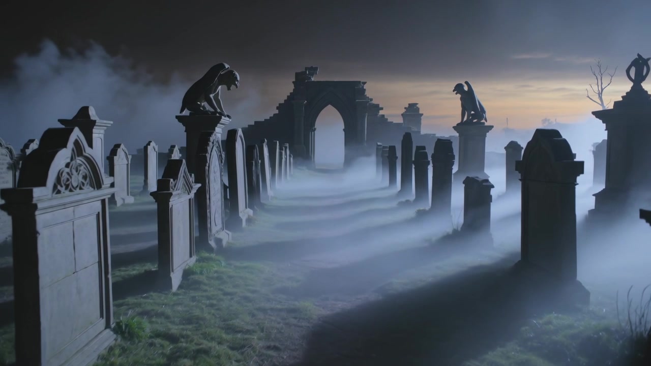 Lapidi che guidano, nebbia che fluttua e telecamera che zooma verso un arco in rovina in un cimitero con gargoyle.