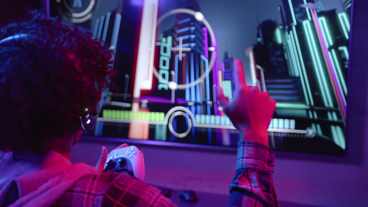 Playing video game, man using controller and pointing at futuristic screen