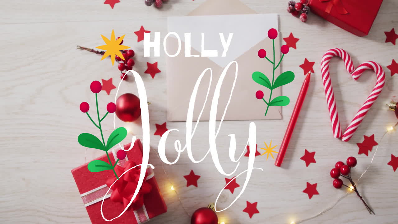 크리스마스 장식 위에 홀리 조리 텍스트의 애니메이션