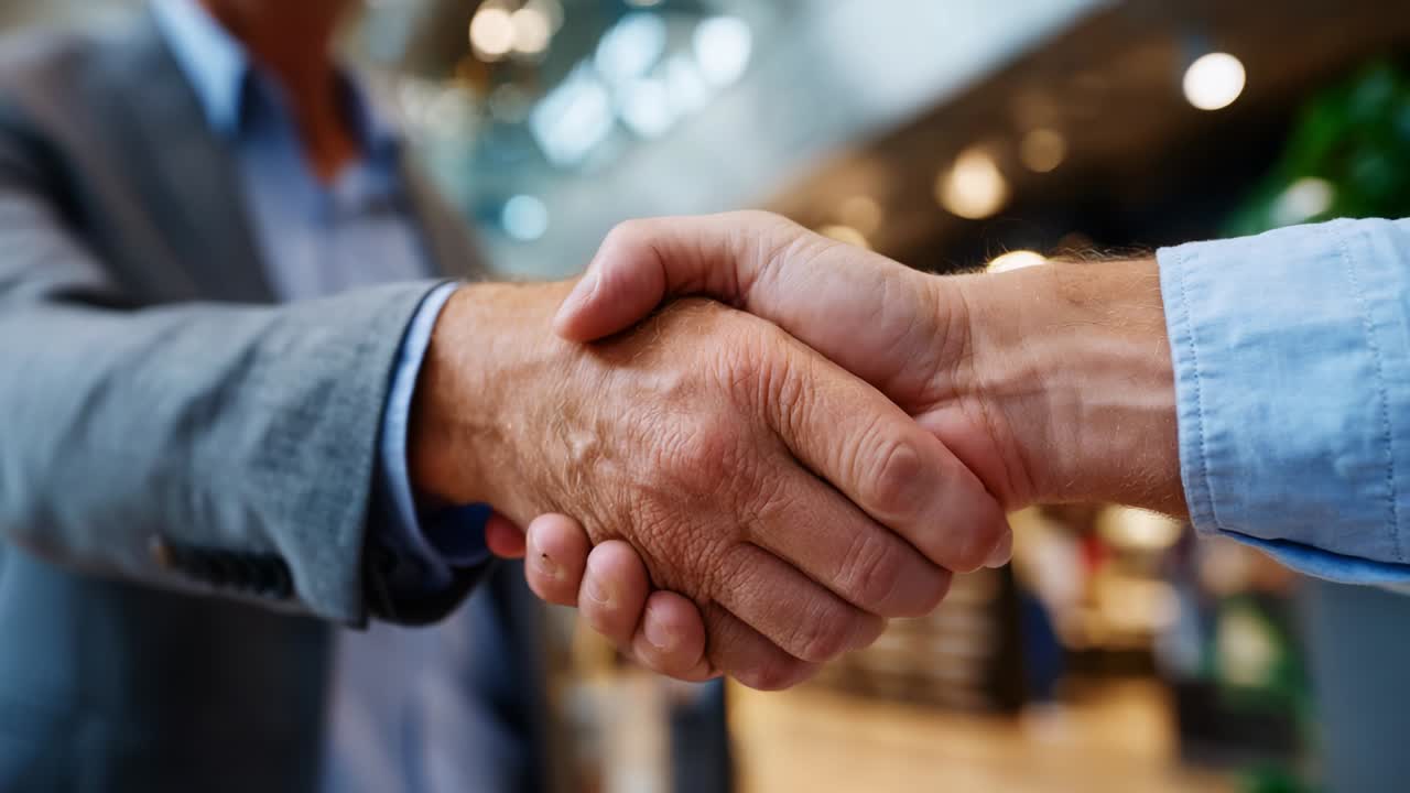 A Professional Exchange: Two Individuals Engaging in a Firm Handshake, Symbolizing Agreement and Partnership in a Dynamic Business Environment, Captured in a Bright and Inviting Space