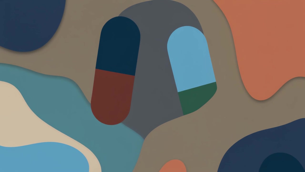 To medicinske piller bevæger sig på abstrakt farverig baggrund