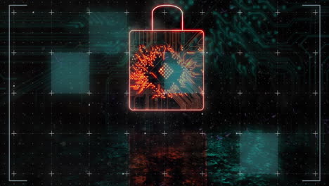 digital padlock and circuit board, cybersecurity animation over futuristic background