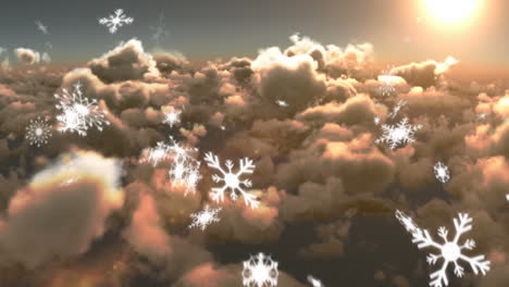 copos de nieve cayendo contra el sol brillante y las nubes en el cielo