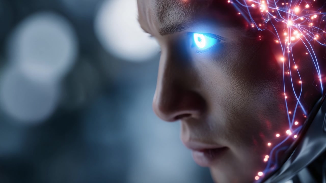 A futuristic humanoid robot with glowing circuitry showcases advanced technology and artificial intelligence, reflecting the essence of humanity and innovation in design.