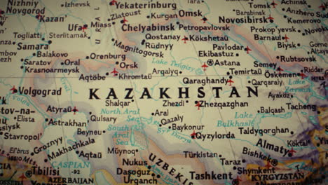 close-up view of a physical map focused on kazakhstan and surrounding countries