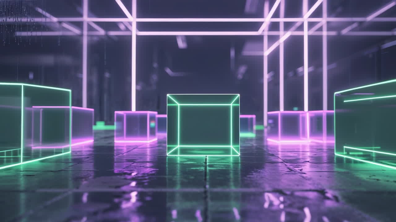 Neon Cubes and Grid in a Futuristic Digital Environment