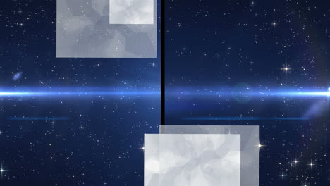 animación de pantalla dividida con cuadrados grises, foco azul y partículas brillantes, en negro