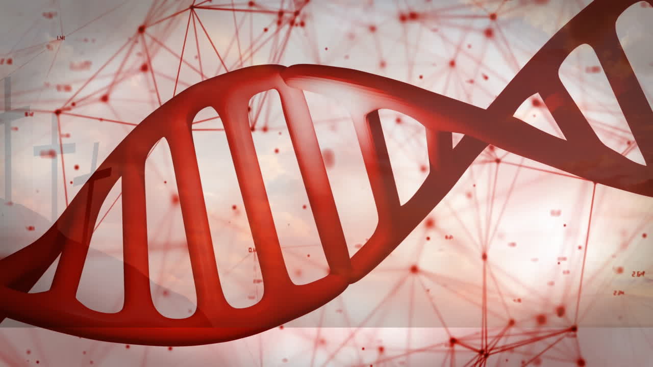 DNA strand with binary coding, scientific data processing in animation style