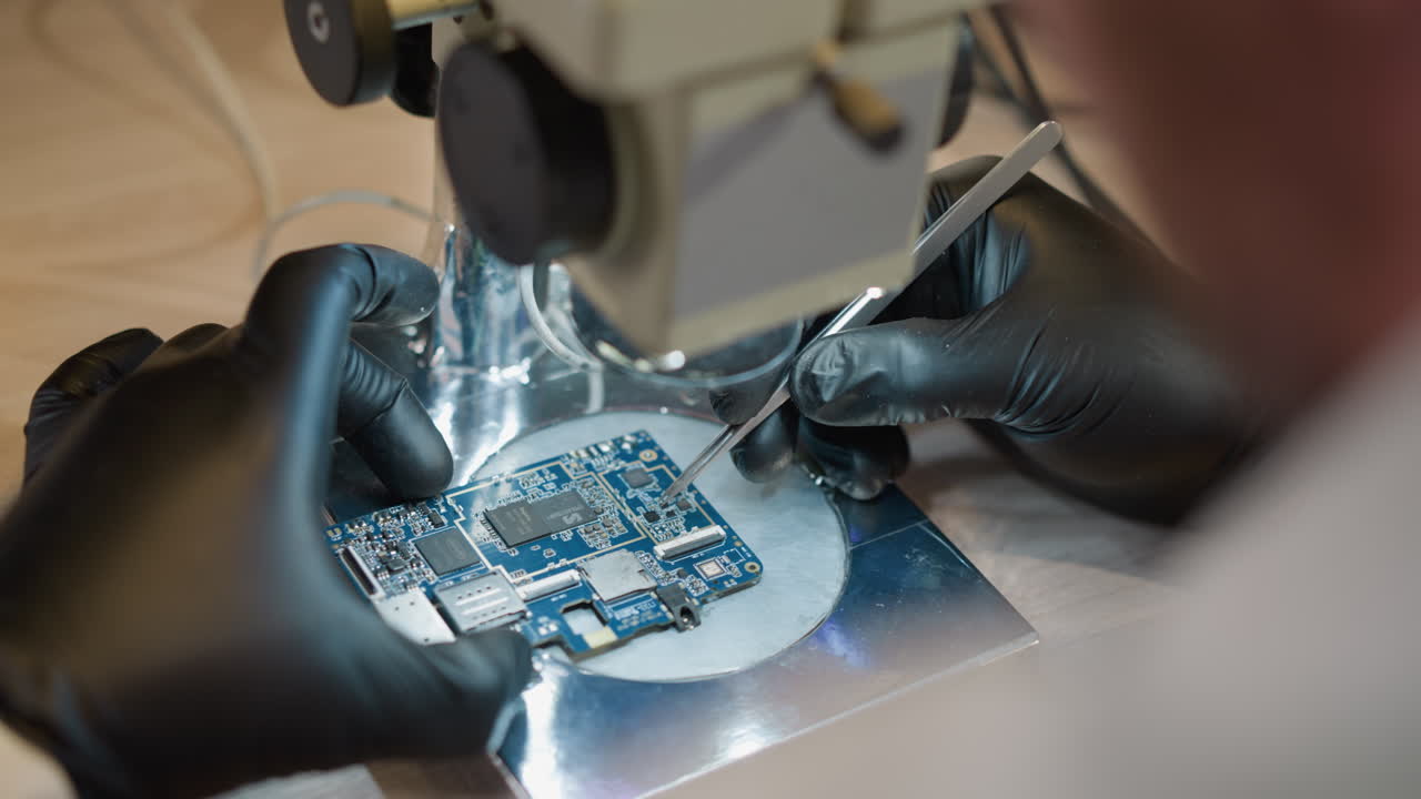 una vista trasera de un técnico con guantes de mano negros trabajando meticulosamente en un circuito bajo un microscopio usando una herramienta de precisión