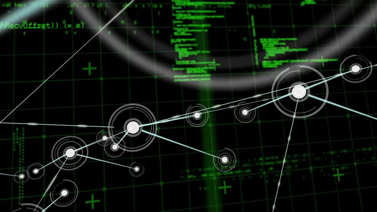 conectores en movimiento y datos digitales en fondo negro