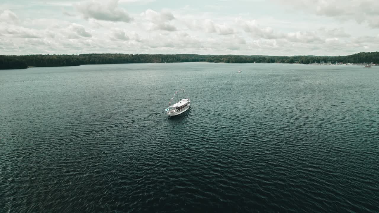 Aerial, Drone, old and decorated steamboat on a lake, Finland, Paij&auml;nne