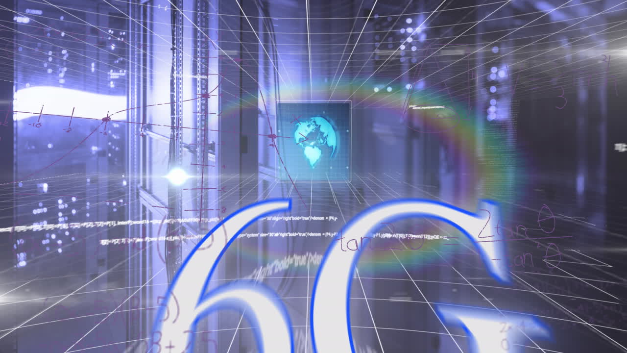 Animation of mathematical equations and data processing over rainbow lens flare against server room