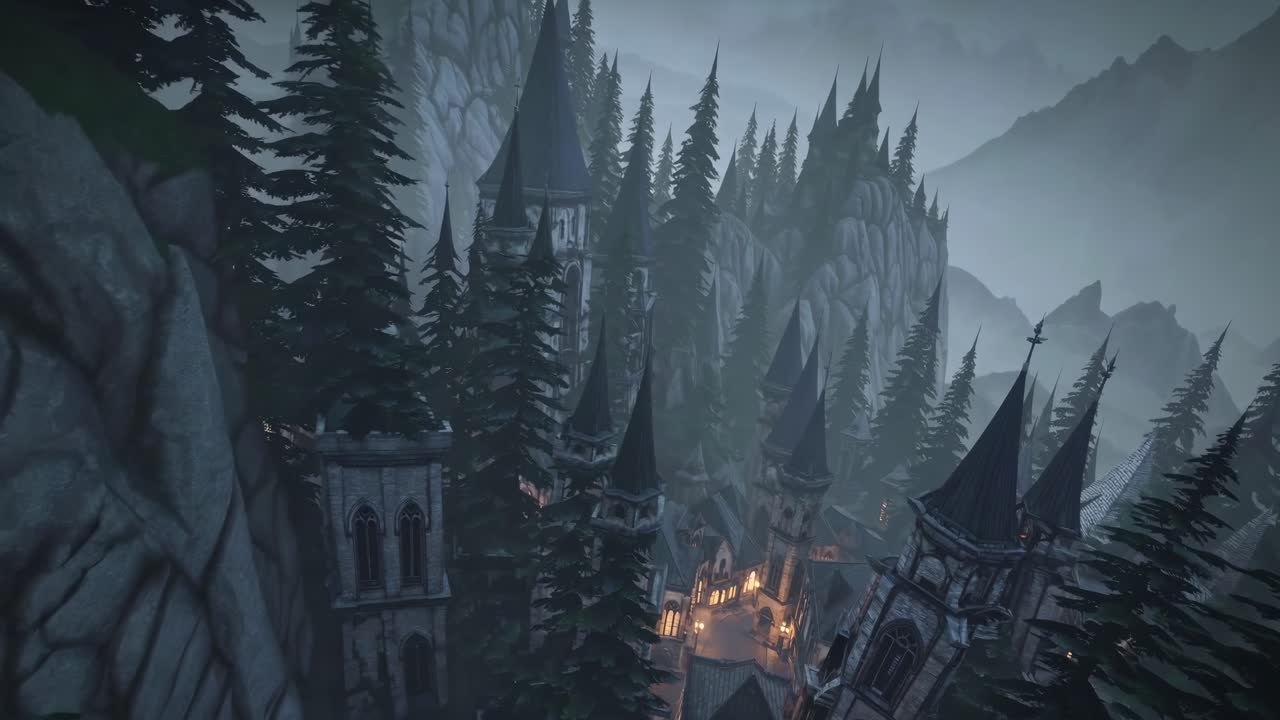 Gothic townscape rising from shadowy forest, dark towers piercing twilight sky, evoking haunting medieval landscape with stark architectural silhouettes