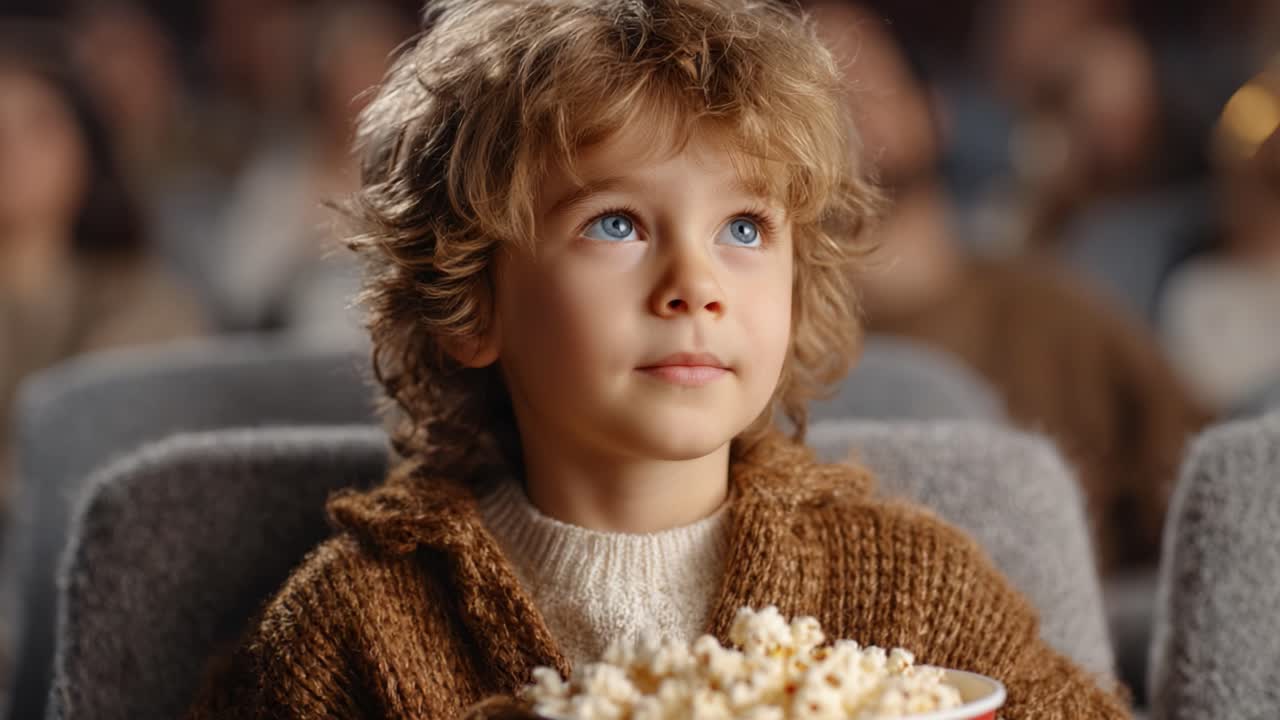 A Young Boy Filled with Anticipation While Enjoying Popcorn in a Cinema, Captivated by the Magic of the Film Experience in a Theater Environment